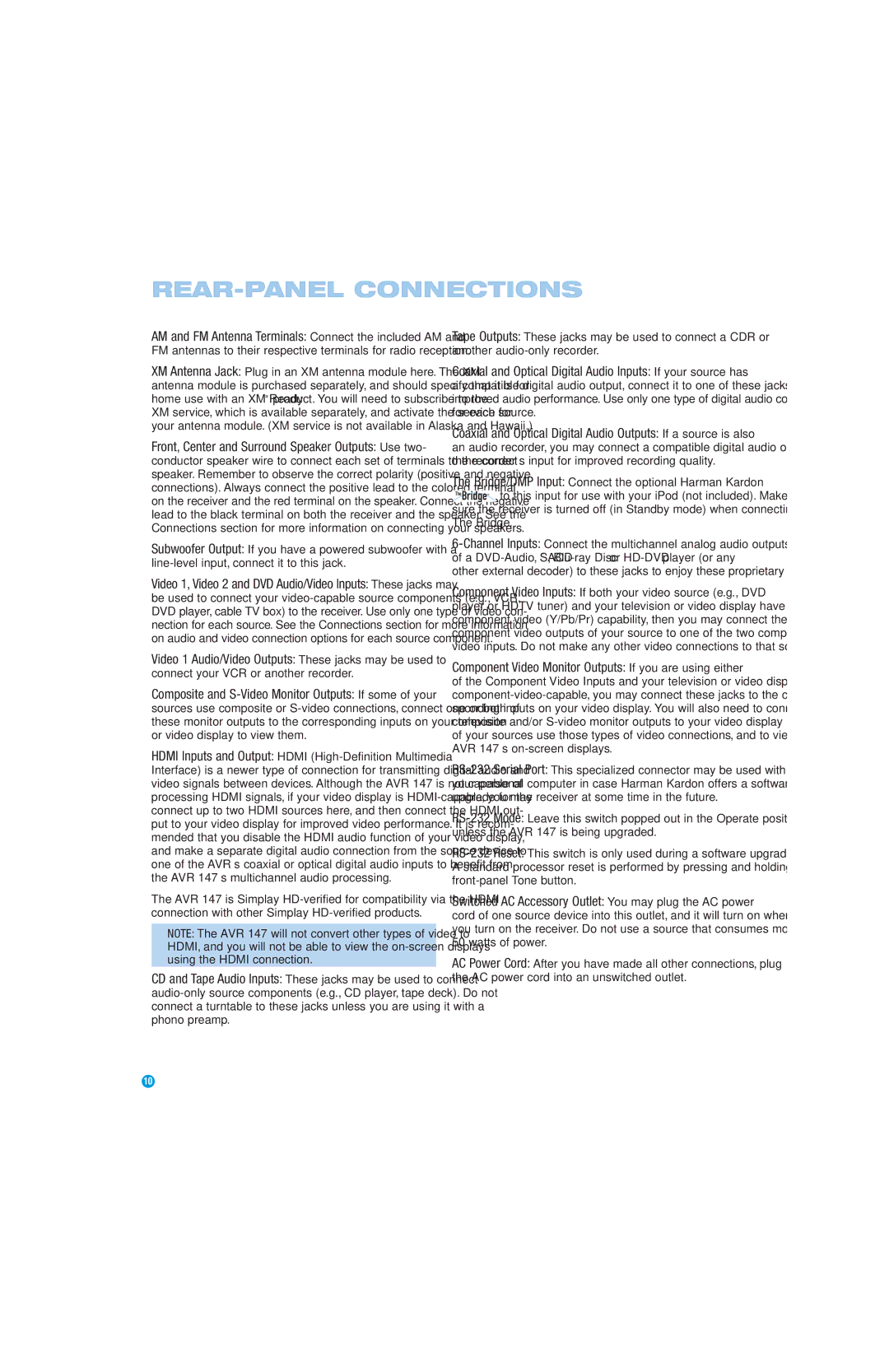 Harman-Kardon AVR 147 owner manual REAR-PANEL Connections 