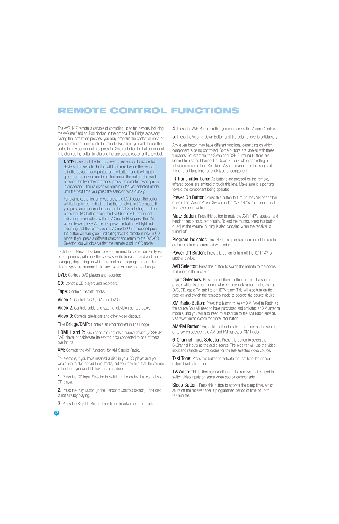 Harman-Kardon AVR 147 owner manual Remote Control Functions, Video 3 Controls televisions and other video displays 