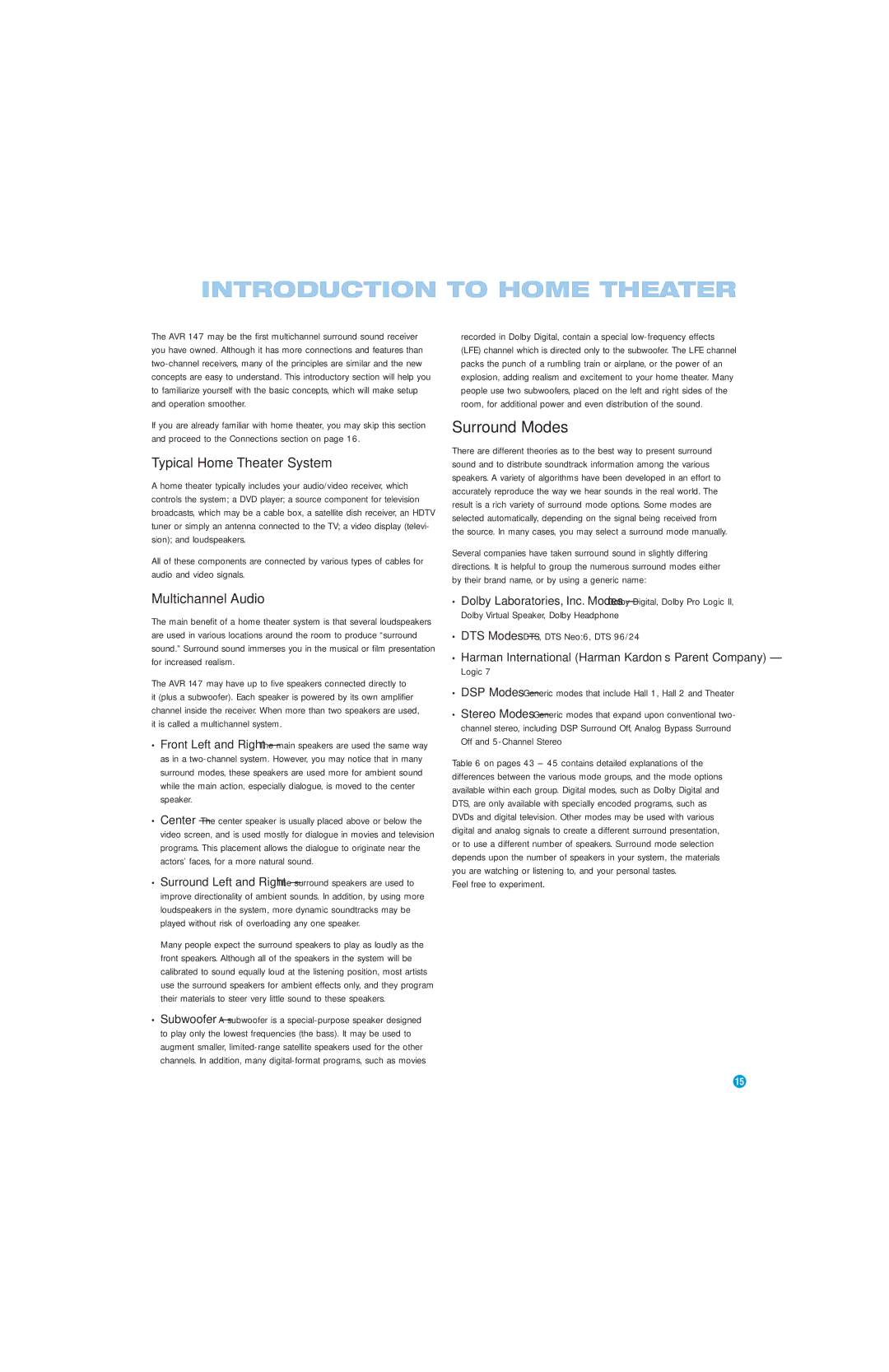 Harman-Kardon AVR 147 Introduction to Home Theater, Surround Modes, Typical Home Theater System, Multichannel Audio 