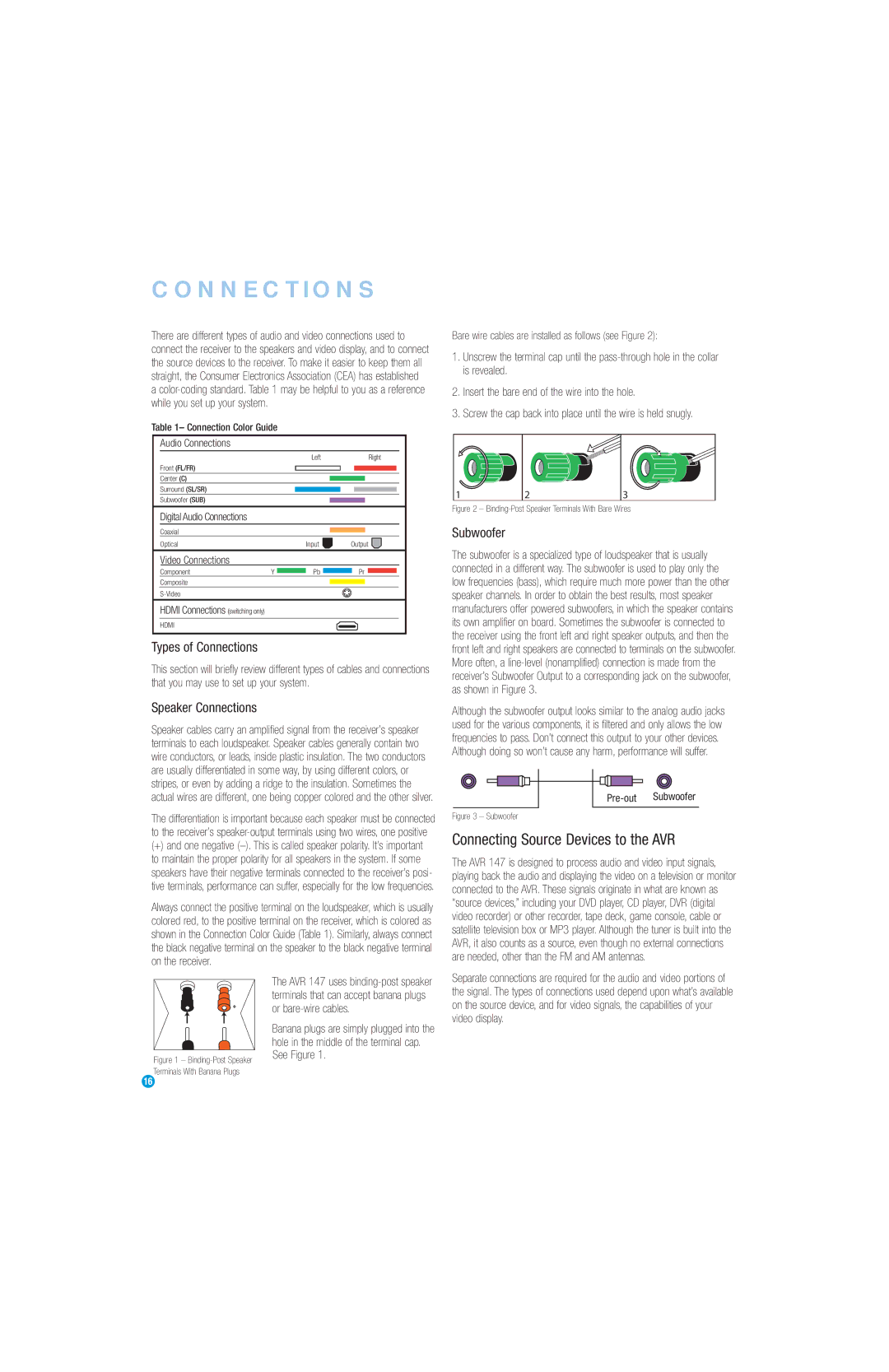 Harman-Kardon AVR 147 Connecting Source Devices to the AVR, Types of Connections, Speaker Connections, Subwoofer 