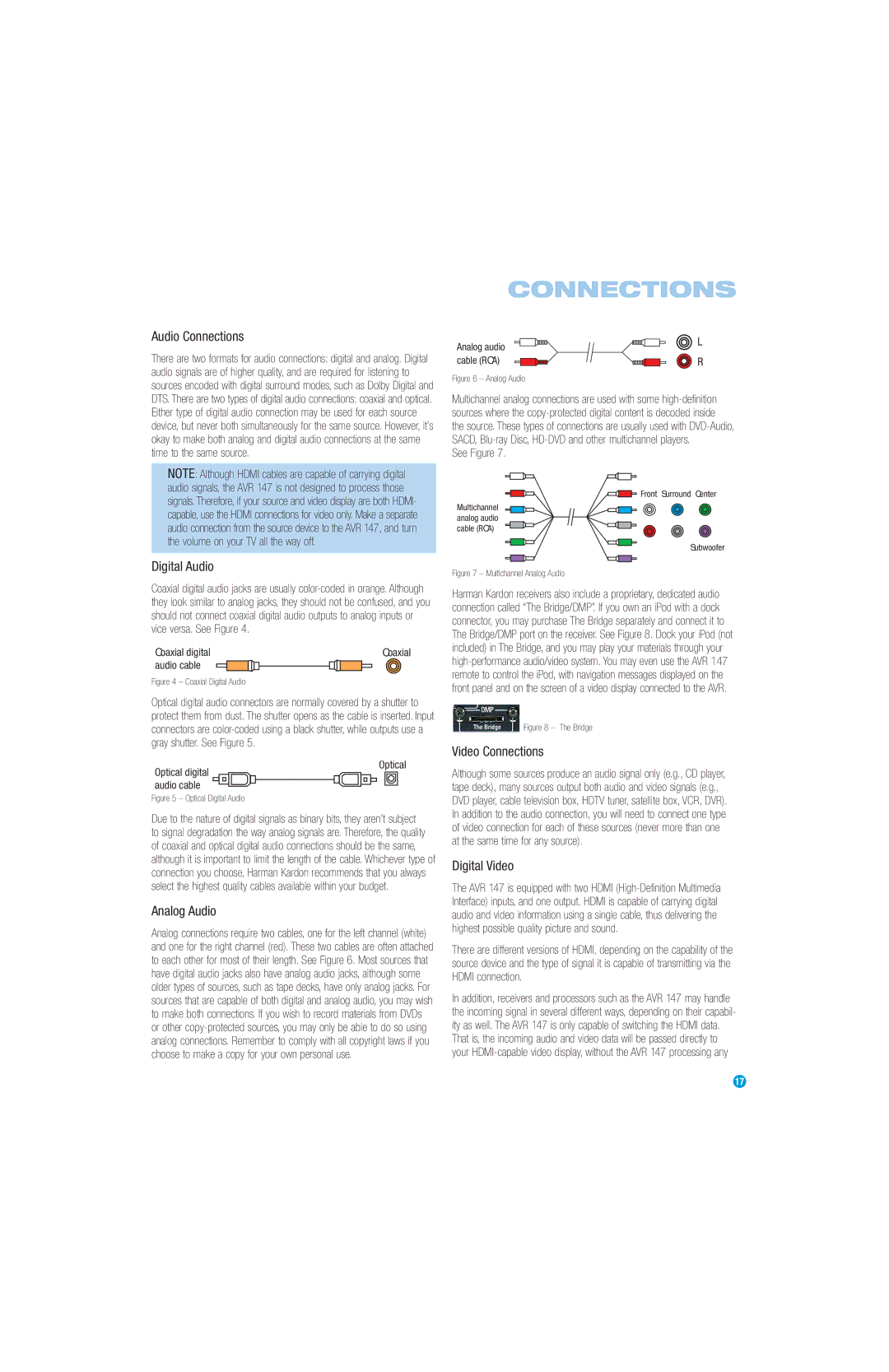 Harman-Kardon AVR 147 owner manual Audio Connections, Digital Audio, Video Connections, Analog Audio, Digital Video 