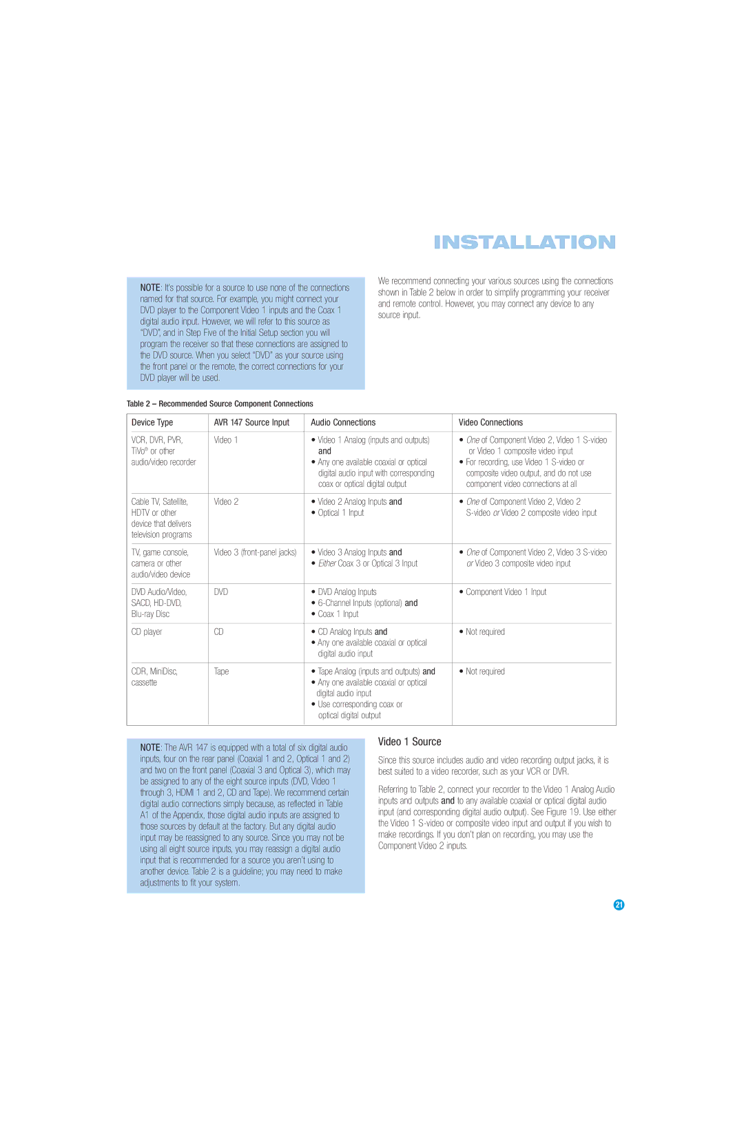 Harman-Kardon AVR 147 owner manual Video 1 Source, Vcr, Dvr, Pvr 