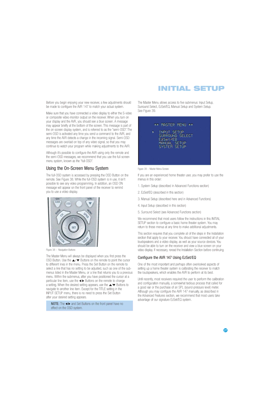 Harman-Kardon owner manual Initial Setup, Using the On-Screen Menu System, Configure the AVR 147 Using EzSet/EQ 