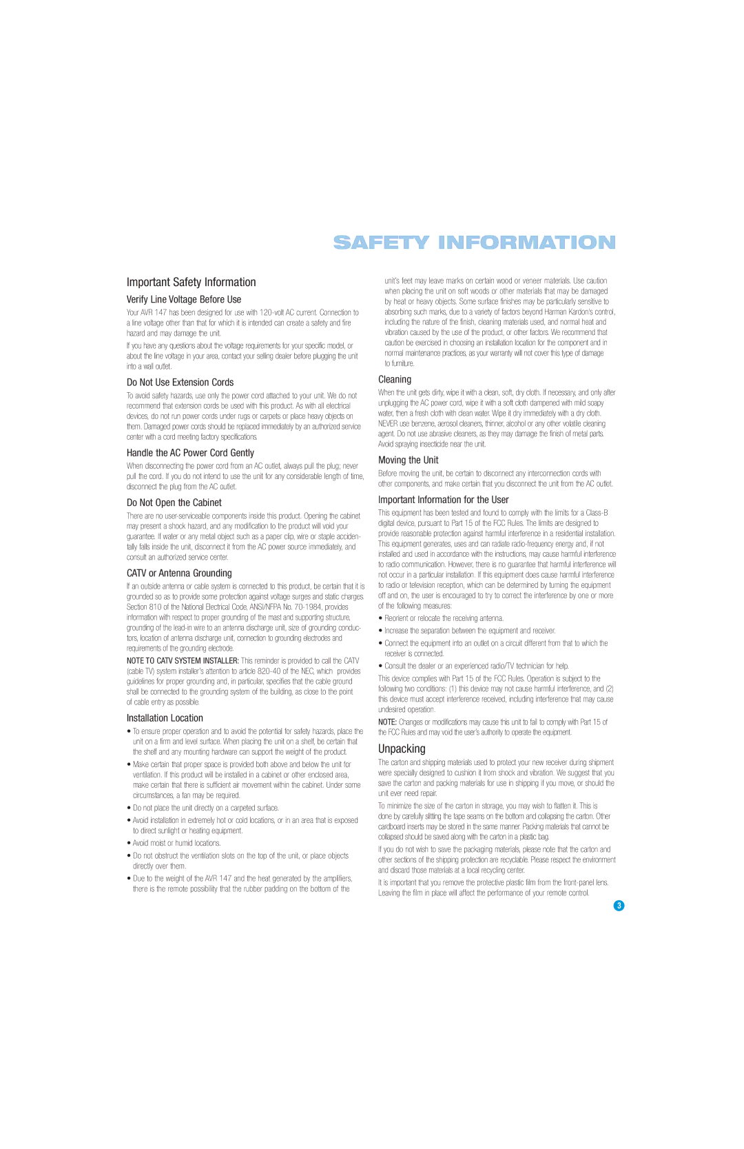 Harman-Kardon AVR 147 owner manual Important Safety Information 