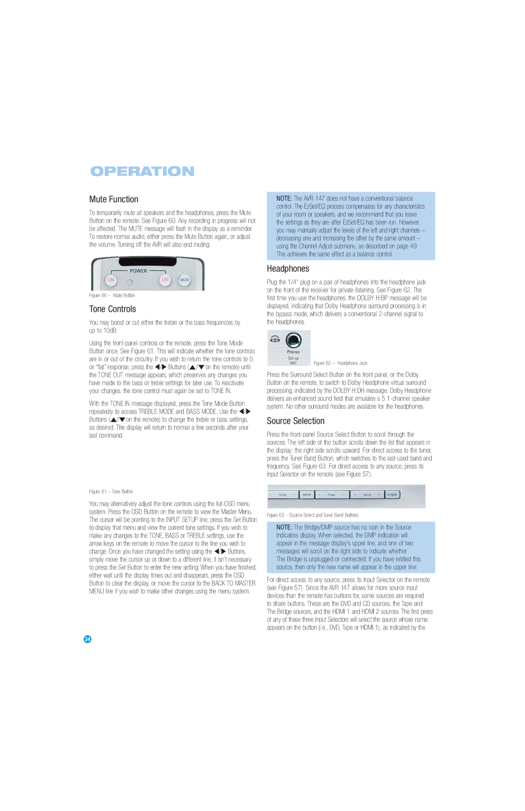 Harman-Kardon AVR 147 owner manual Mute Function, Tone Controls, Headphones, Source Selection 