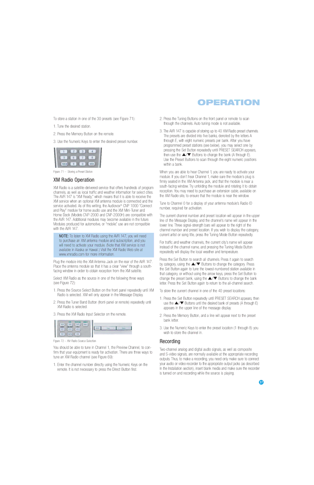 Harman-Kardon AVR 147 owner manual XM Radio Operation, Recording 