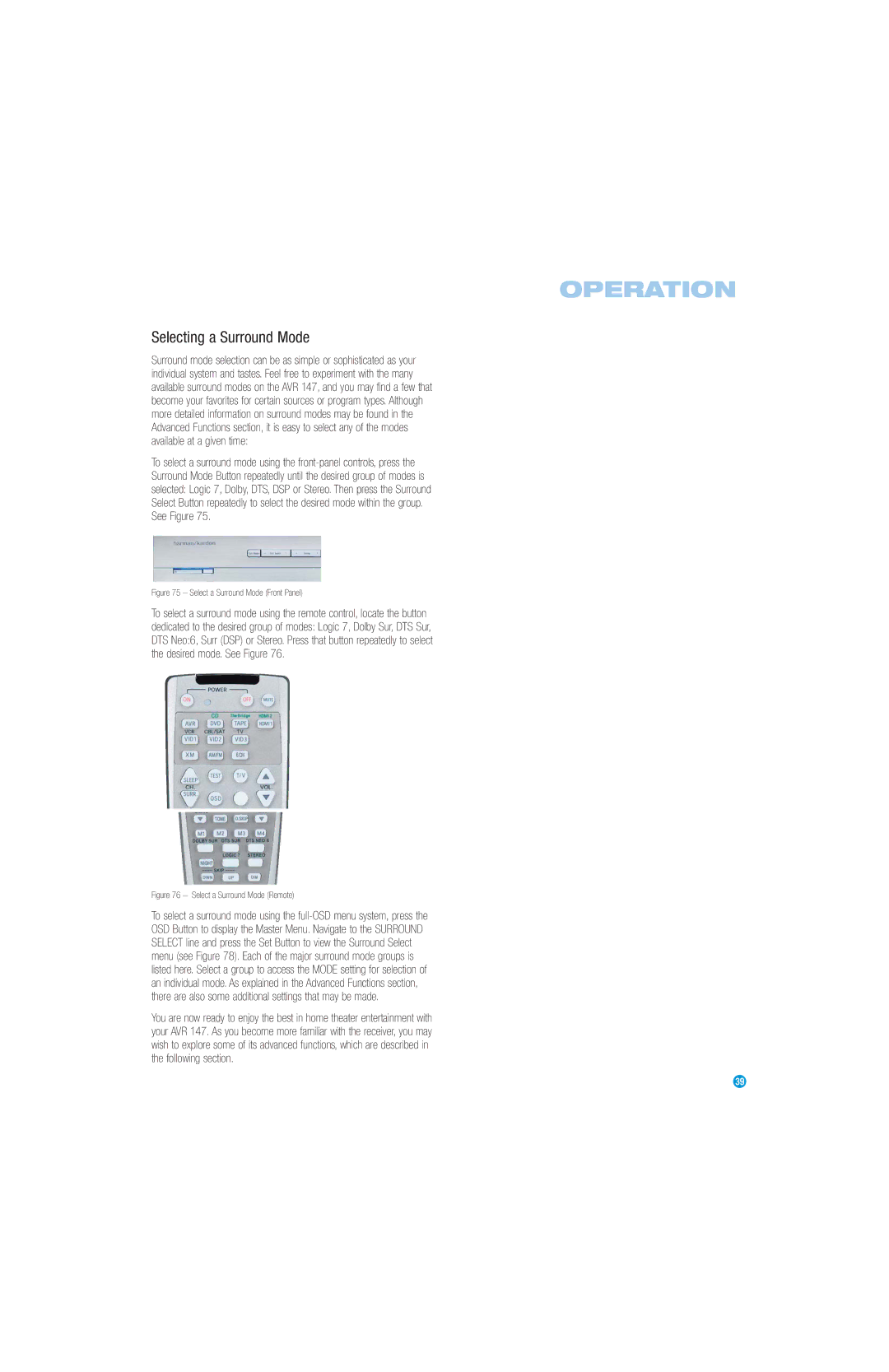 Harman-Kardon AVR 147 owner manual Selecting a Surround Mode, Select a Surround Mode Remote 