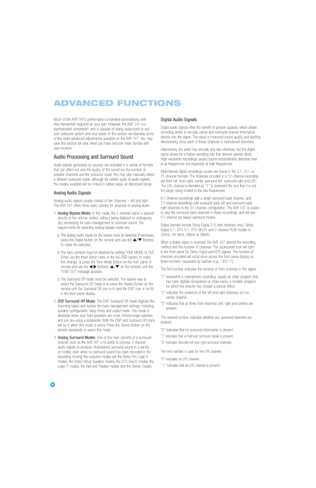 Harman-Kardon AVR 147 Advanced Functions, Audio Processing and Surround Sound, Analog Audio Signals, Digital Audio Signals 