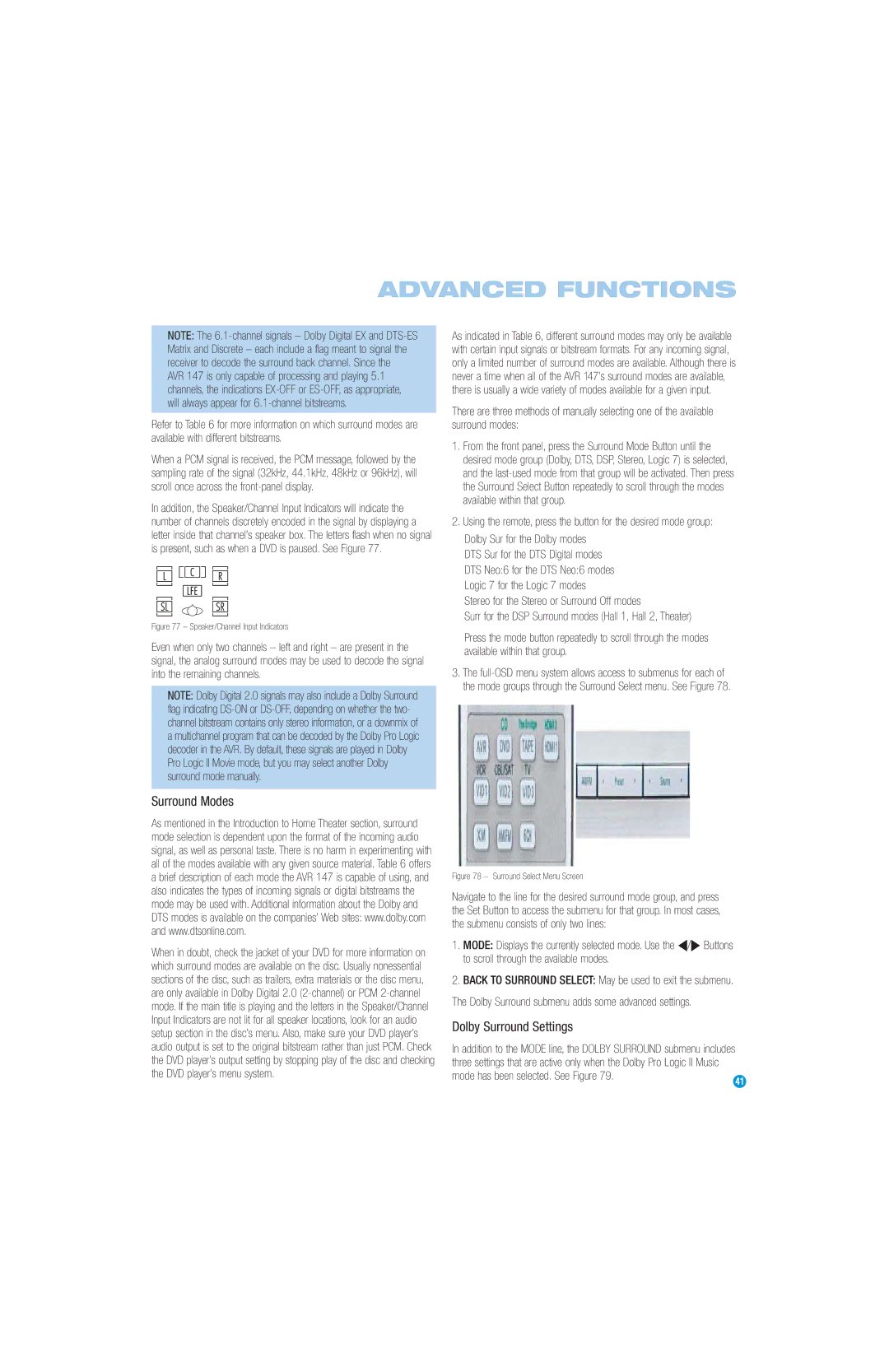 Harman-Kardon AVR 147 owner manual Dolby Surround Settings 