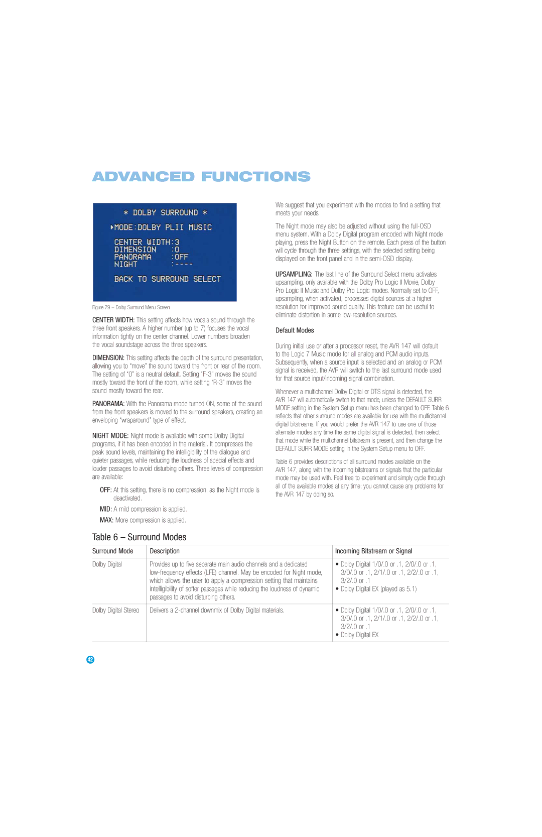 Harman-Kardon AVR 147 owner manual Default Modes, 0 or, Dolby Digital EX played as, Passages to avoid disturbing others 