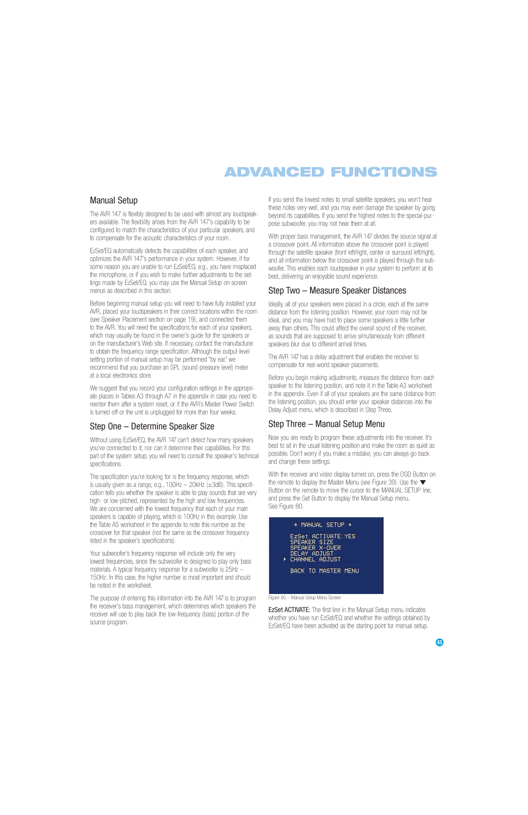 Harman-Kardon AVR 147 owner manual Manual Setup, Step Two Measure Speaker Distances, Step One Determine Speaker Size 