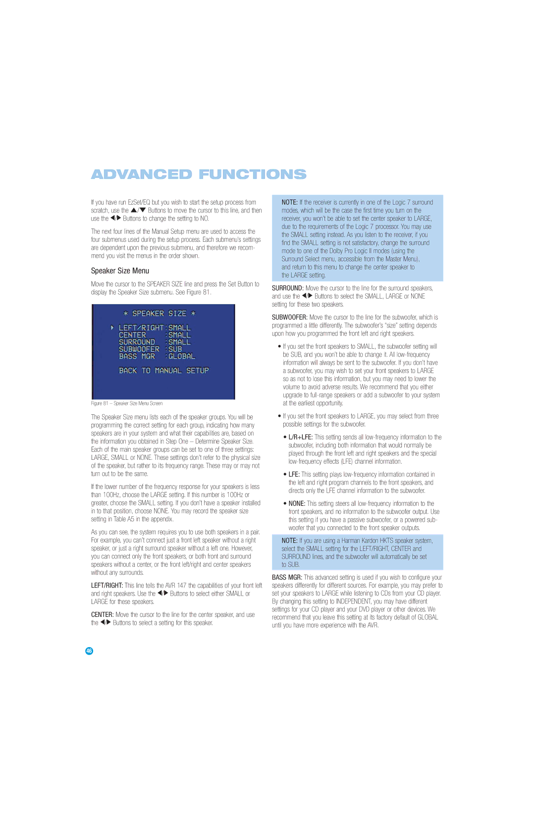 Harman-Kardon AVR 147 owner manual Speaker Size Menu, Large setting 