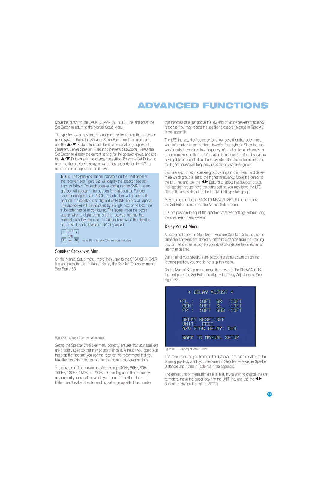 Harman-Kardon AVR 147 owner manual Speaker Crossover Menu, Delay Adjust Menu 