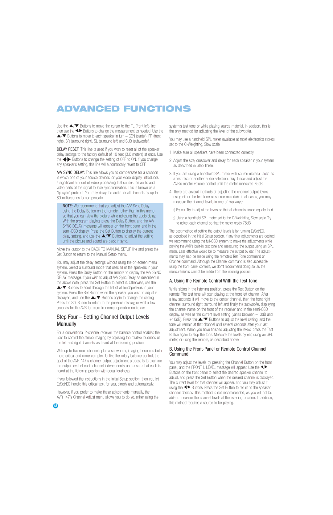 Harman-Kardon AVR 147 Step Four Setting Channel Output Levels Manually, Using the Remote Control With the Test Tone 