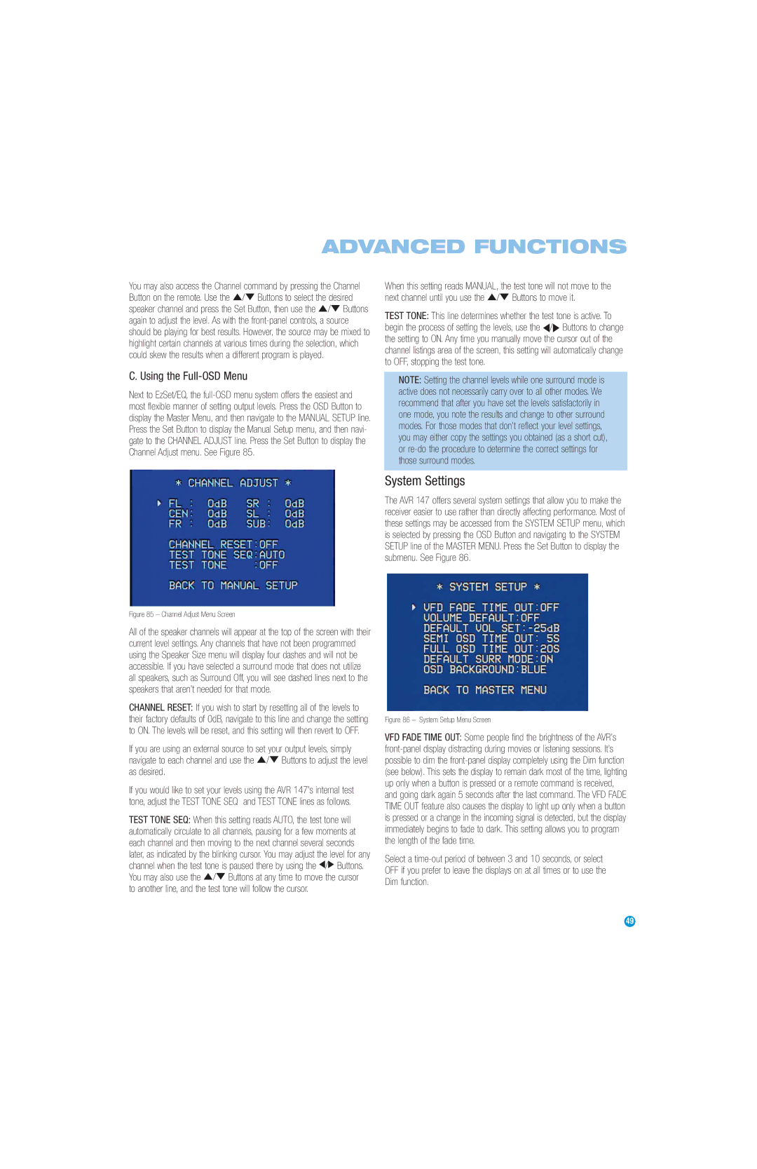 Harman-Kardon AVR 147 owner manual System Settings, Using the Full-OSD Menu 