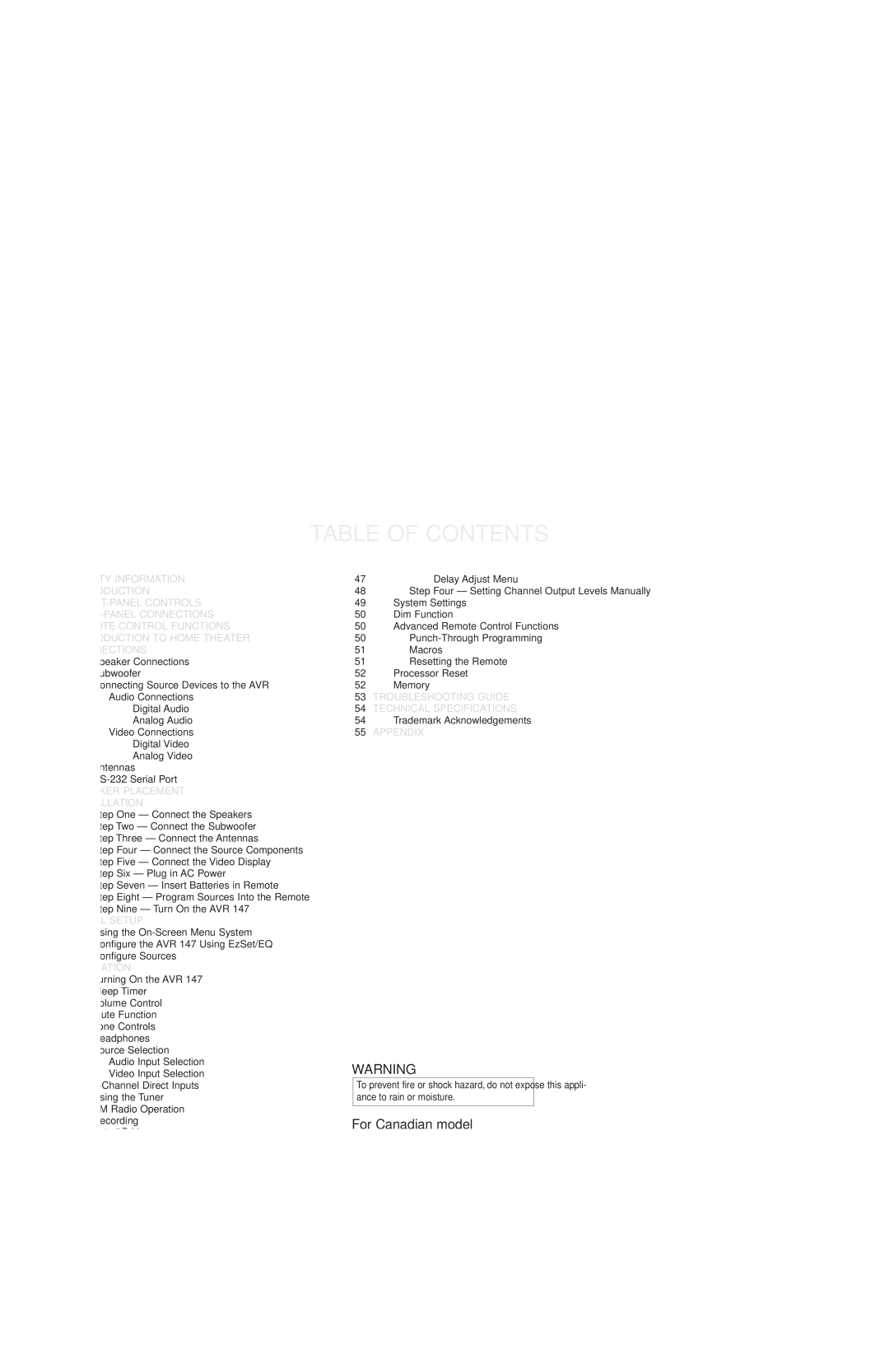 Harman-Kardon AVR 147 owner manual Table of Contents 