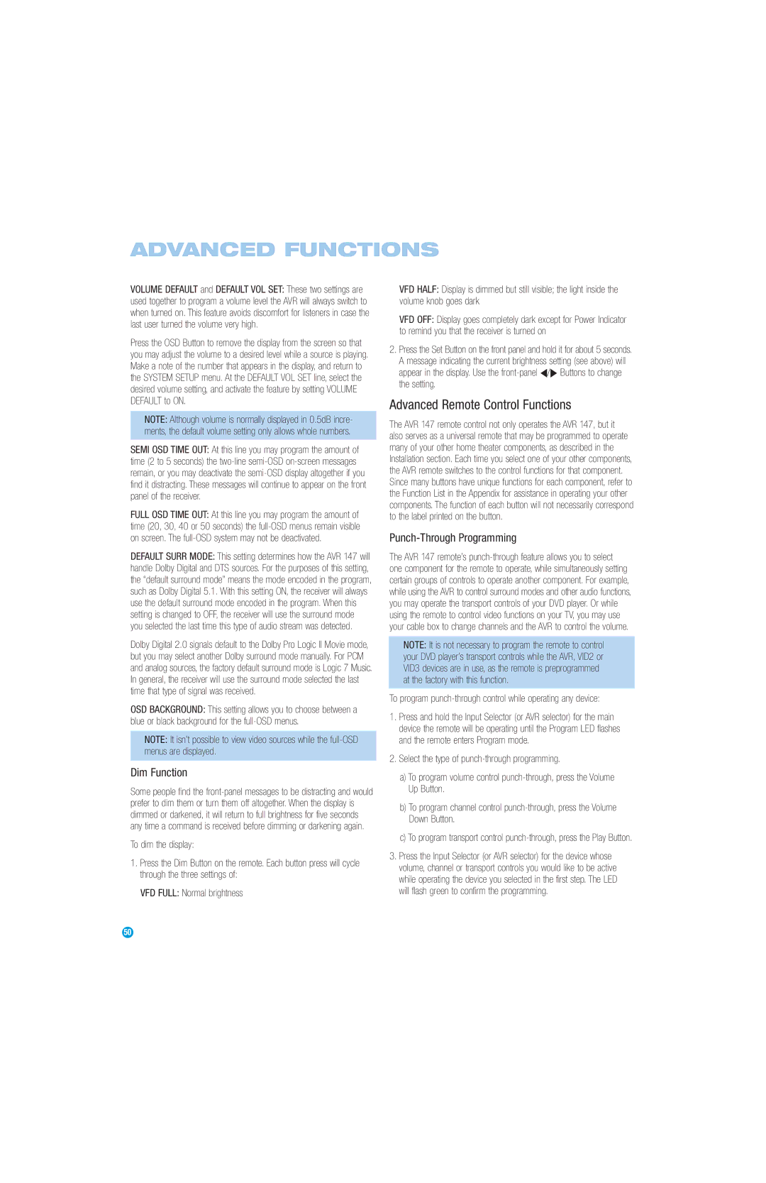 Harman-Kardon AVR 147 Advanced Remote Control Functions, Dim Function, Punch-Through Programming, To dim the display 