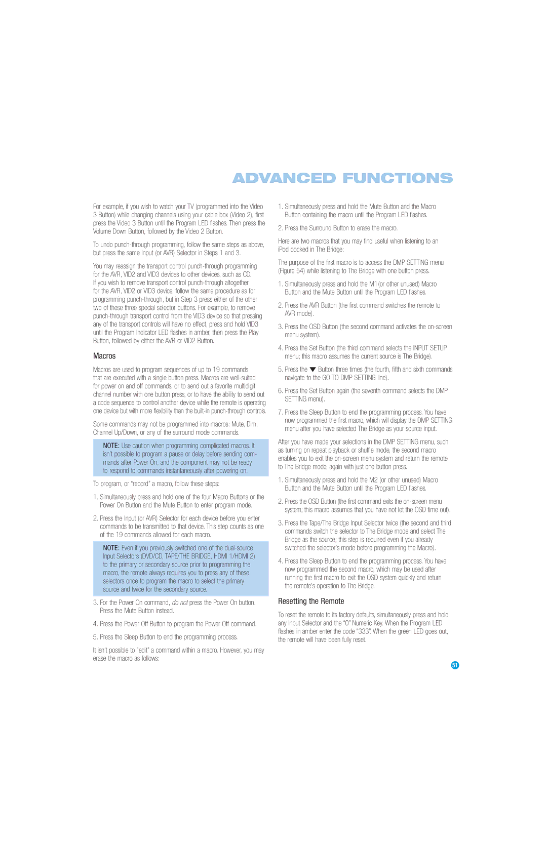 Harman-Kardon AVR 147 owner manual Resetting the Remote, To program, or record a macro, follow these steps 