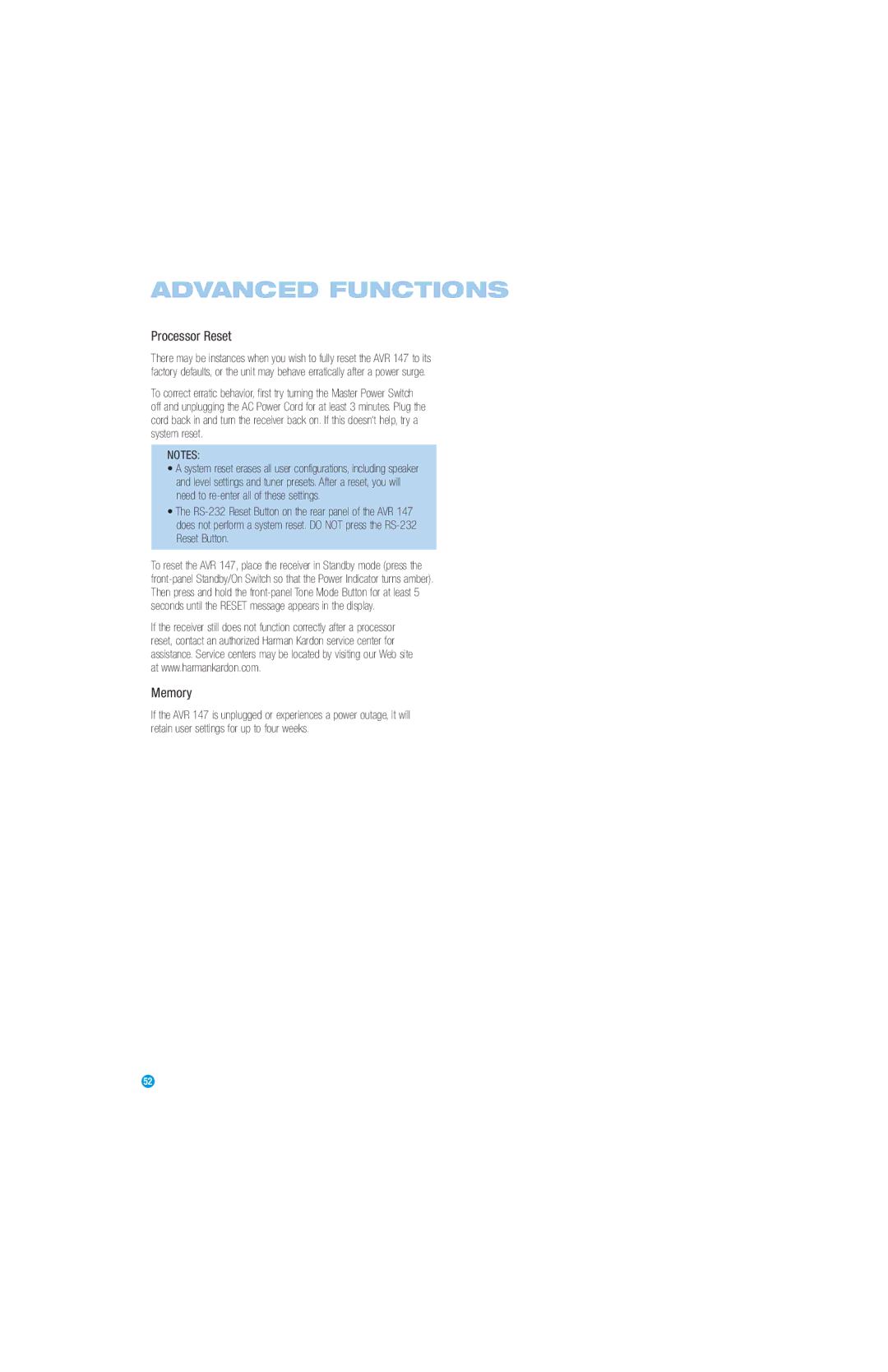 Harman-Kardon AVR 147 owner manual Processor Reset, Memory 