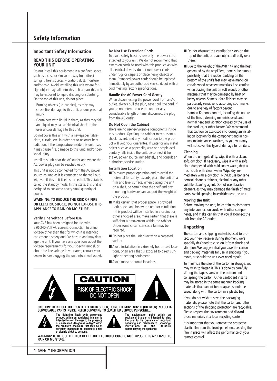 Harman-Kardon AVR 147 owner manual Important Safety Information, Read This Before Operating Your Unit, Unpacking 