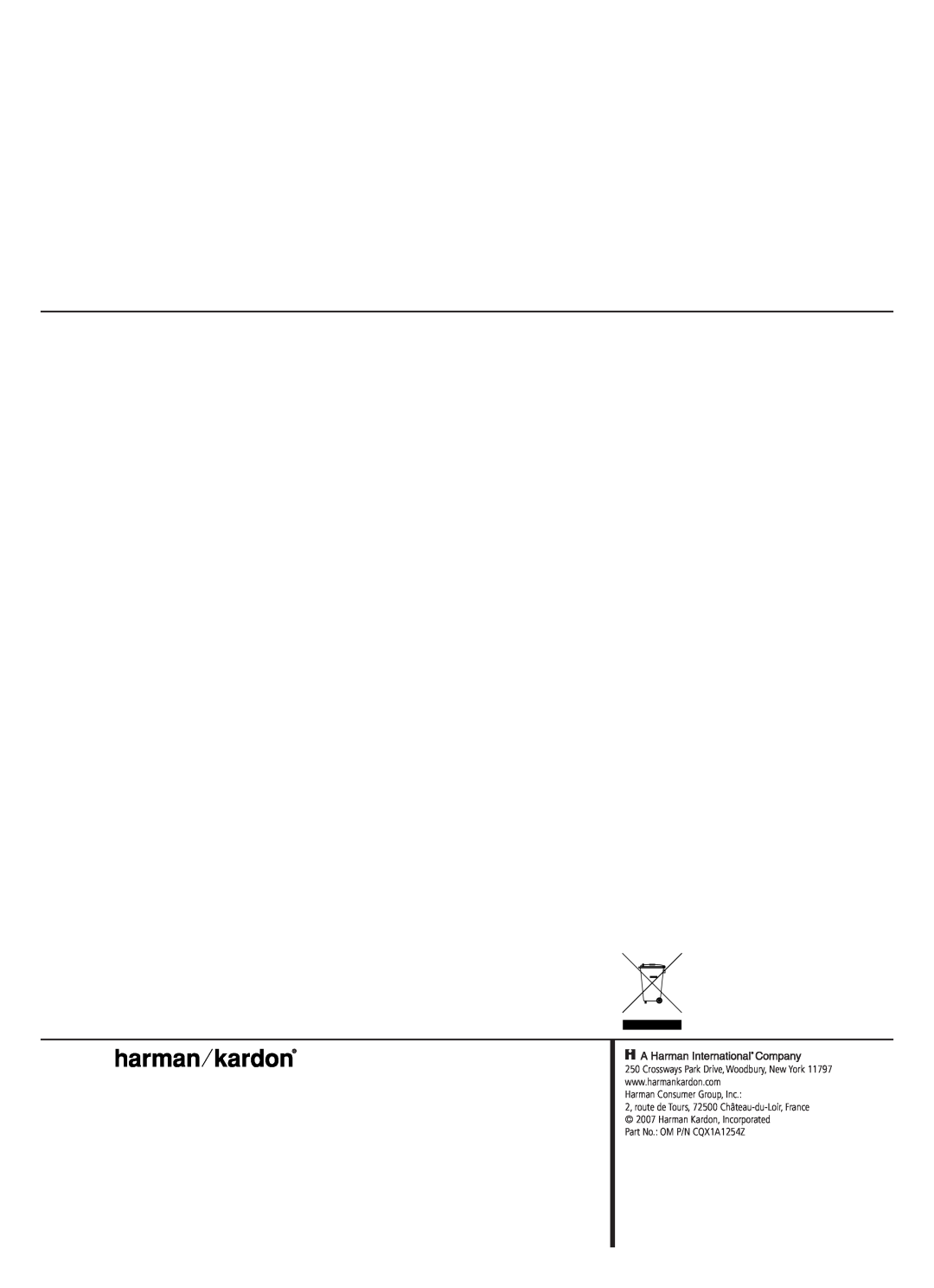 Harman-Kardon AVR 147 owner manual Harman Consumer Group, Inc, Part No. OM P/N CQX1A1254Z 