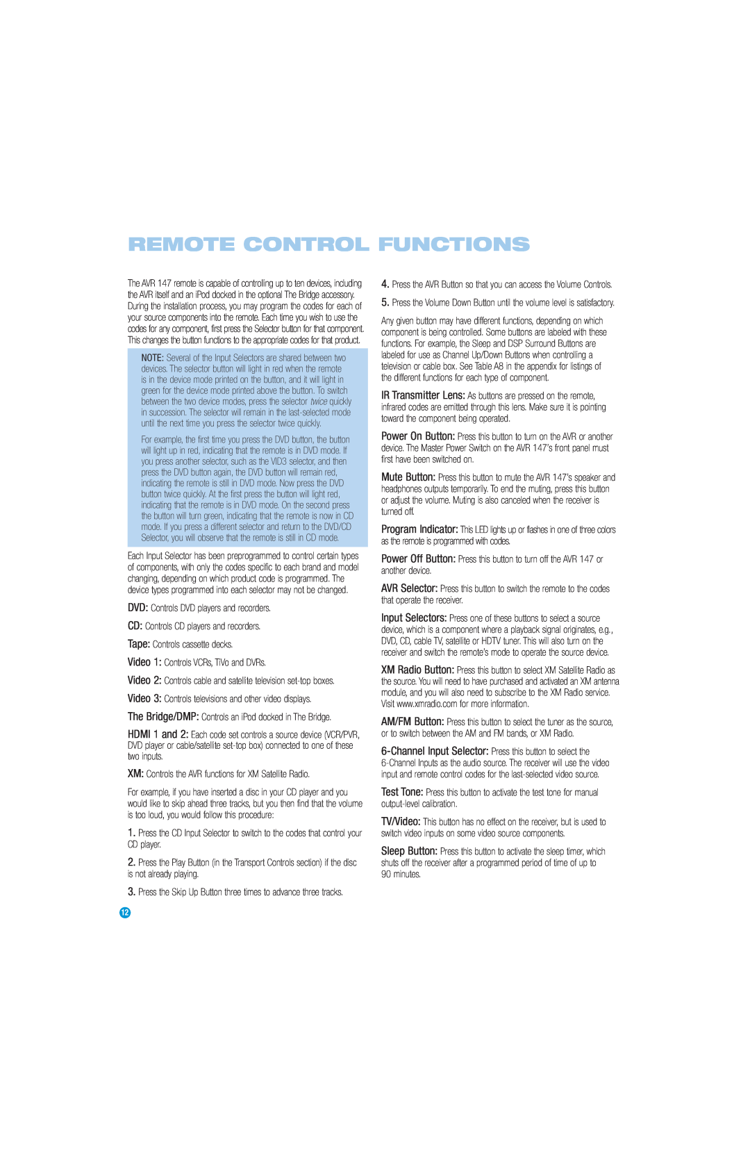 Harman-Kardon AVR 147 owner manual Remote Control Functions 