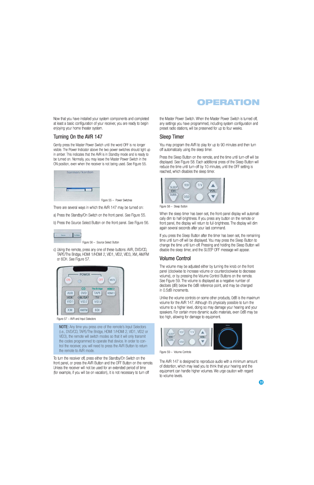 Harman-Kardon AVR 147 owner manual Operation, Turning On the AVR, Sleep Timer, Volume Control 