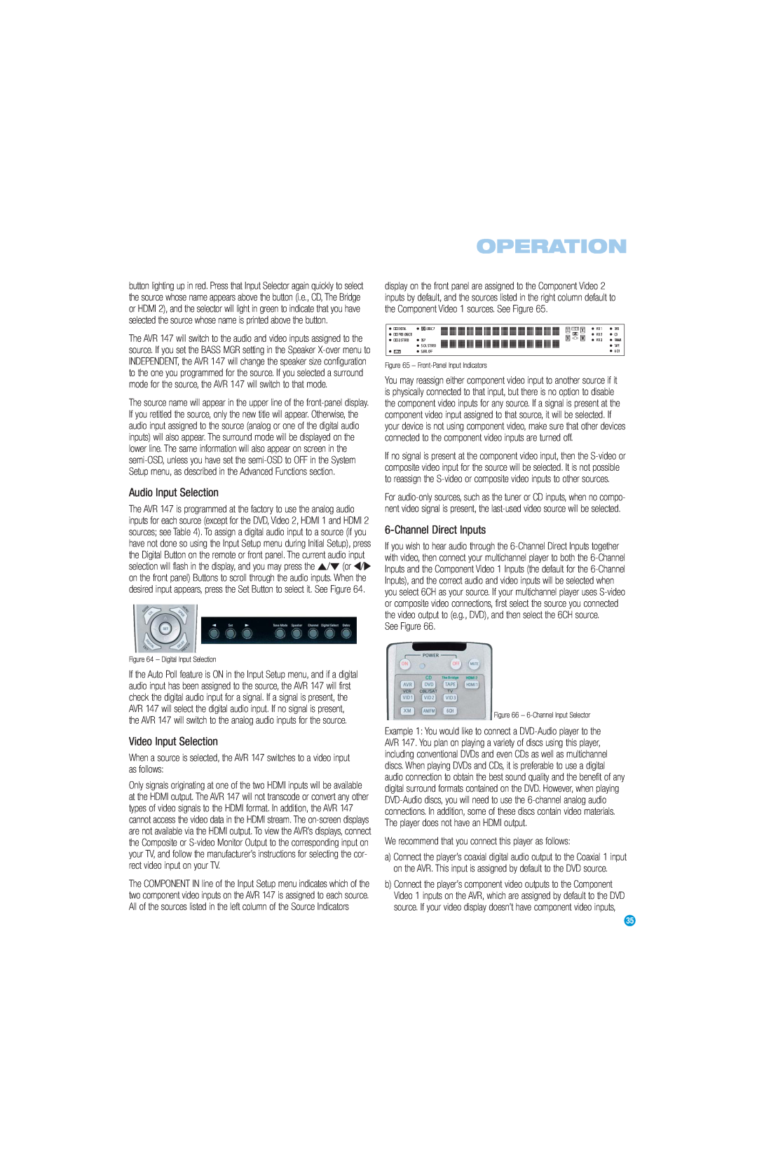 Harman-Kardon AVR 147 owner manual Audio Input Selection, Video Input Selection, ChannelDirect Inputs, Operation 