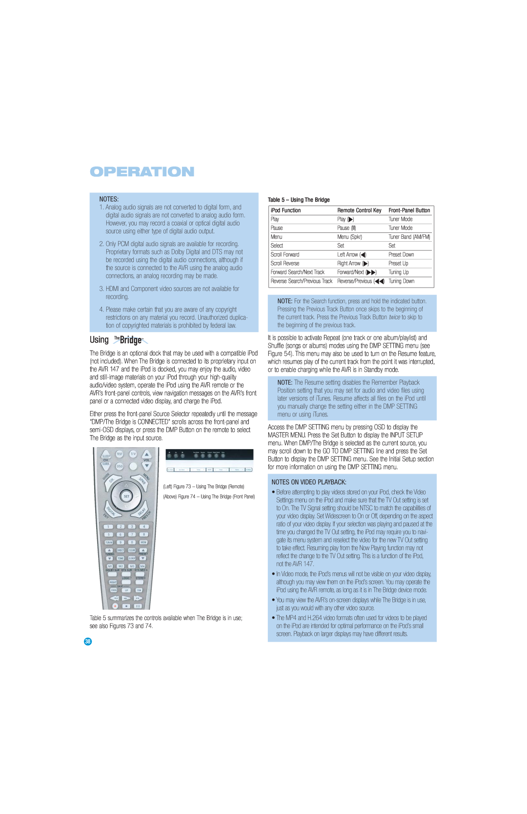 Harman-Kardon AVR 147 owner manual Using TheBridgeTM, Operation, Notes On Video Playback 