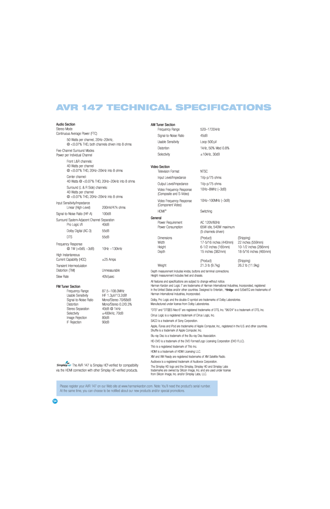 Harman-Kardon owner manual AVR 147 TECHNICAL SPECIFICATIONS 