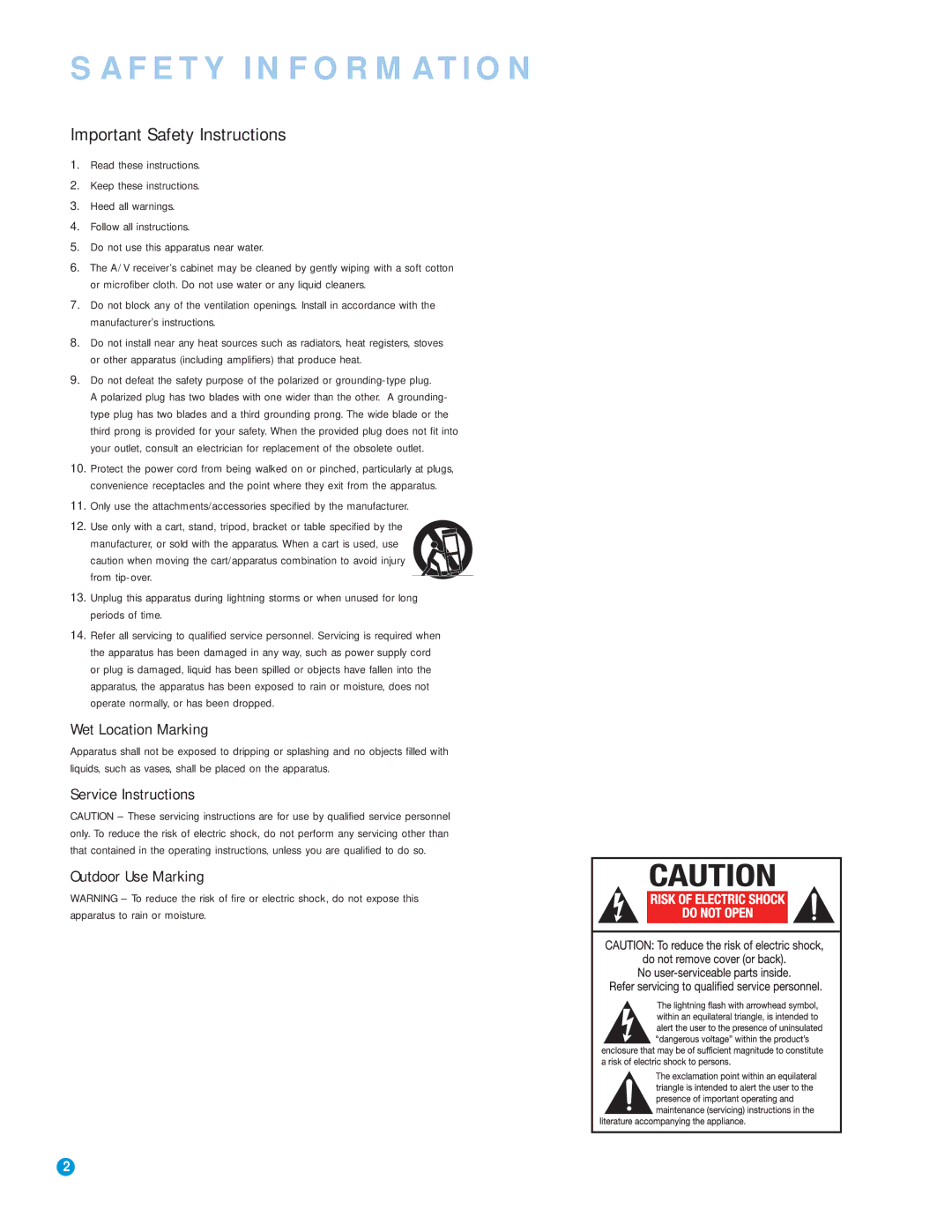 Harman-Kardon AVR 154 owner manual Safety Information, Important Safety Instructions 