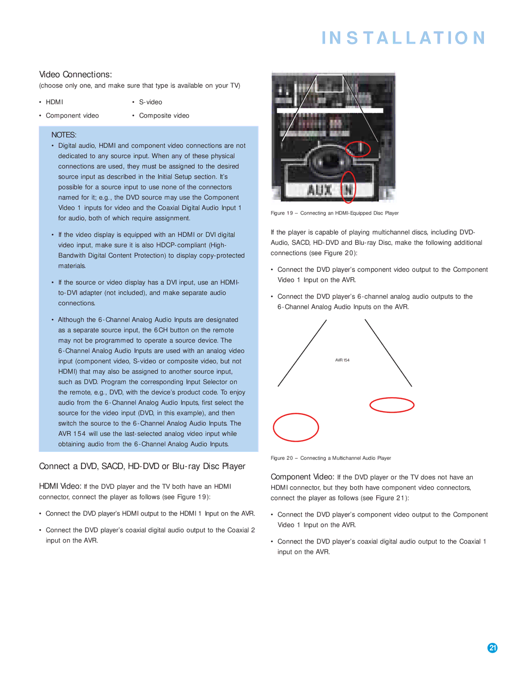 Harman-Kardon AVR 154 owner manual Component video, Connect a DVD, SACD, HD-DVD or Blu-ray Disc Player 