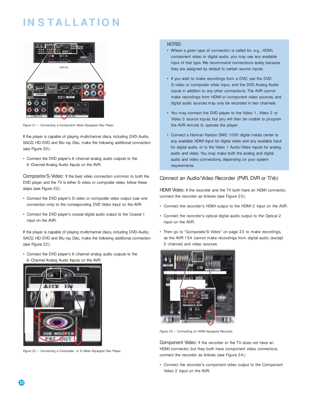 Harman-Kardon AVR 154 Connect an Audio/Video Recorder PVR, DVR or TiVo, Connecting a Component-Video-Equipped Disc Player 