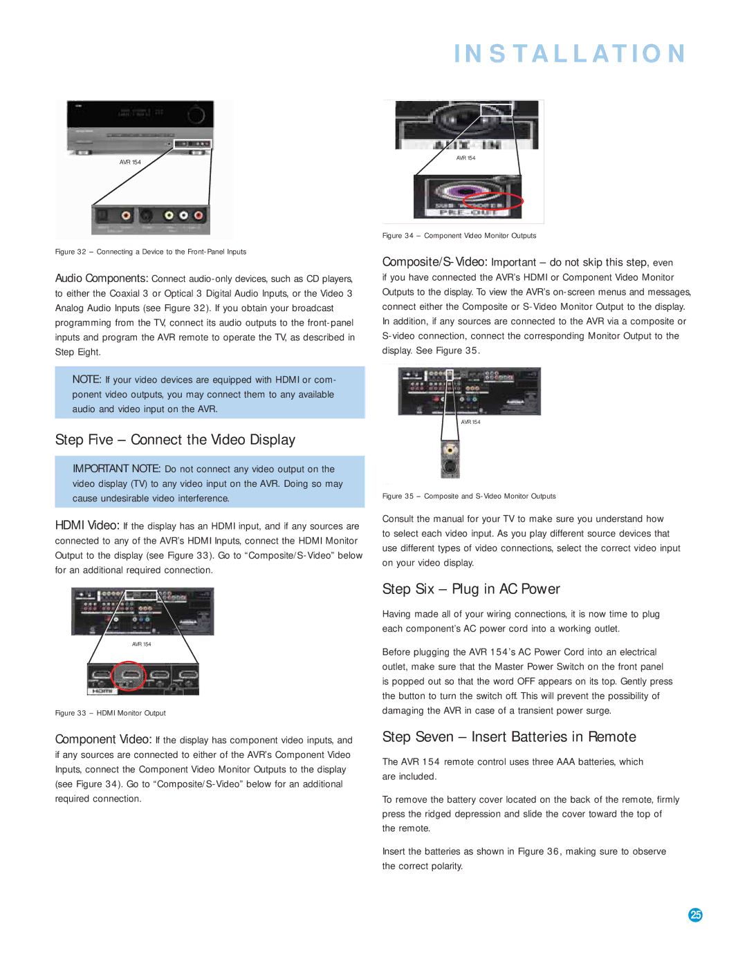 Harman-Kardon AVR 154 owner manual Step Five Connect the Video Display, Step Six Plug in AC Power 