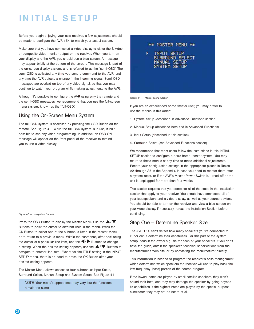 Harman-Kardon AVR 154 owner manual Initial Setup, Using the On-Screen Menu System, Step One Determine Speaker Size 