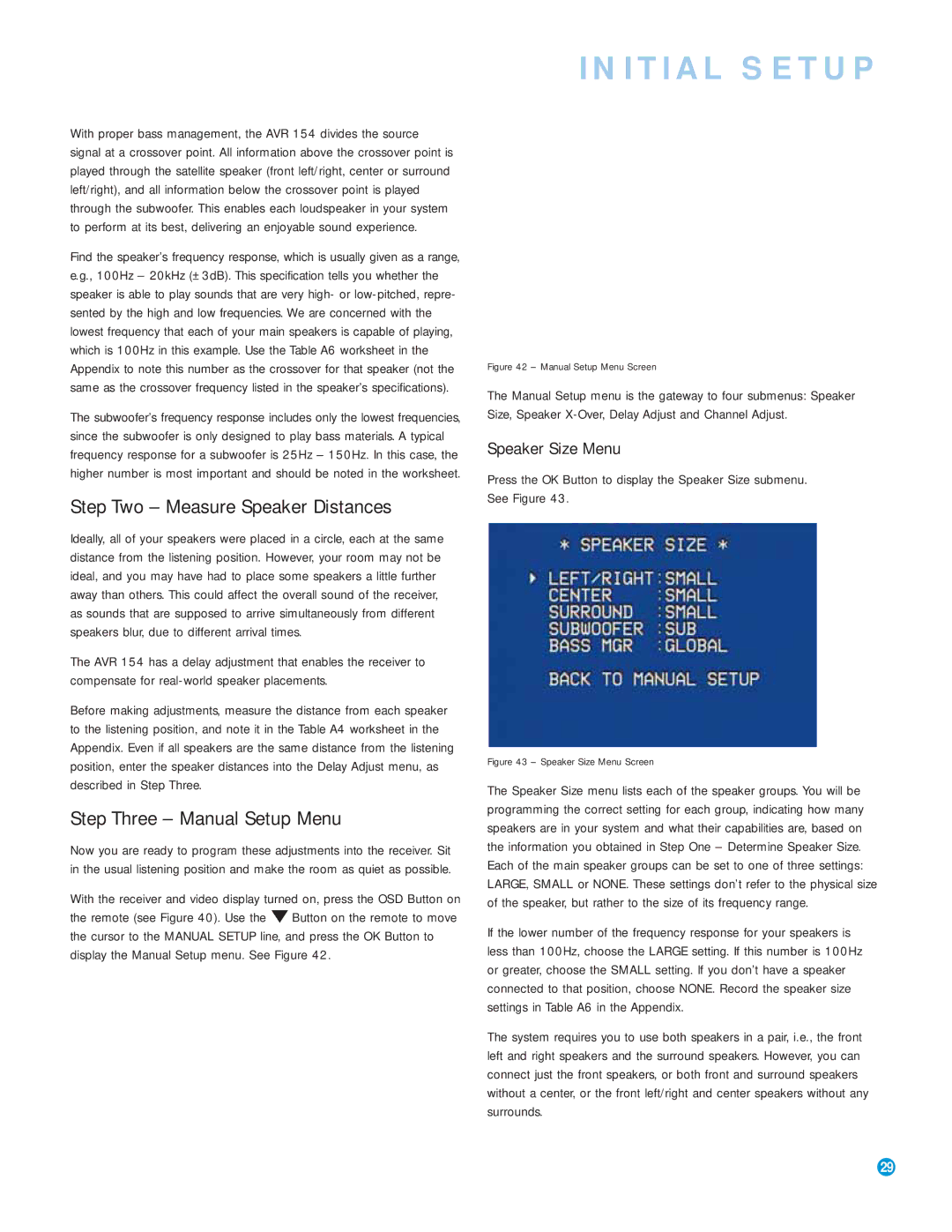 Harman-Kardon AVR 154 owner manual Step Two Measure Speaker Distances, Step Three Manual Setup Menu, Speaker Size Menu 