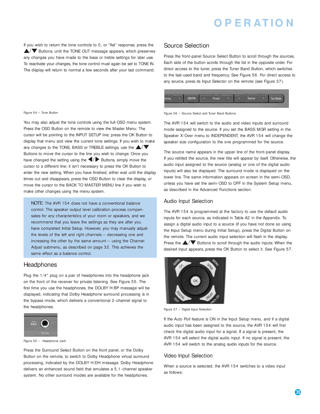 Harman-Kardon AVR 154 owner manual Source Selection, Headphones, Audio Input Selection, Video Input Selection 