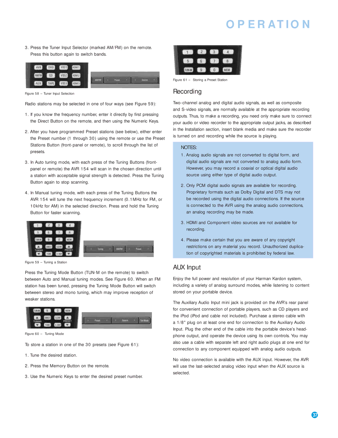 Harman-Kardon AVR 154 owner manual Recording, AUX Input 