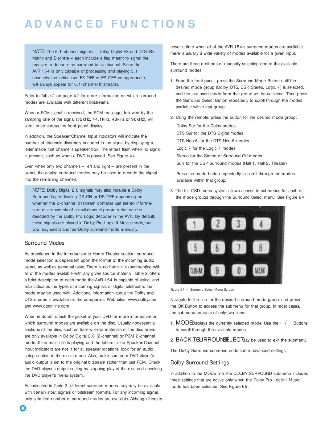 Harman-Kardon AVR 154 owner manual Surround Modes, Dolby Surround Settings 