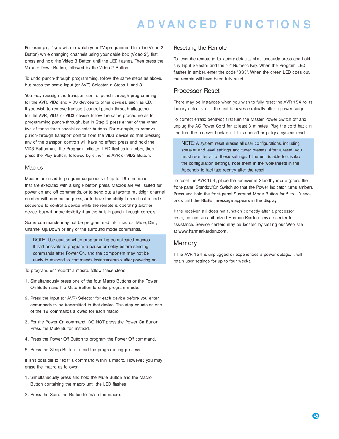 Harman-Kardon AVR 154 Processor Reset, Memory, Resetting the Remote, To program, or record a macro, follow these steps 