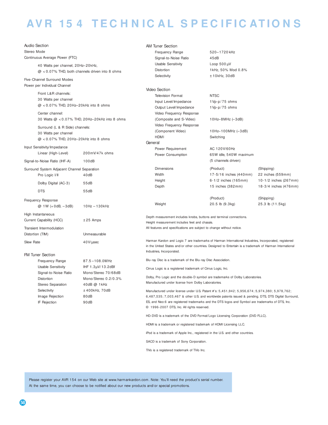 Harman-Kardon owner manual AVR 154 Technical Specifications, Dts 