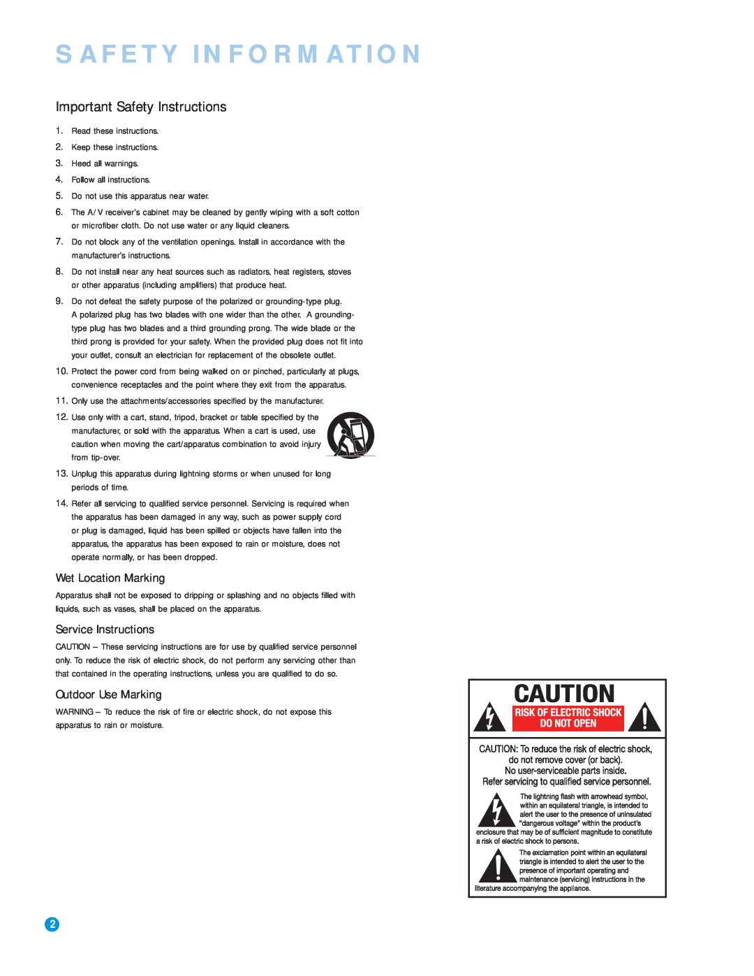 Harman-Kardon AVR 154 Safety Information, Important Safety Instructions, Wet Location Marking, Service Instructions 