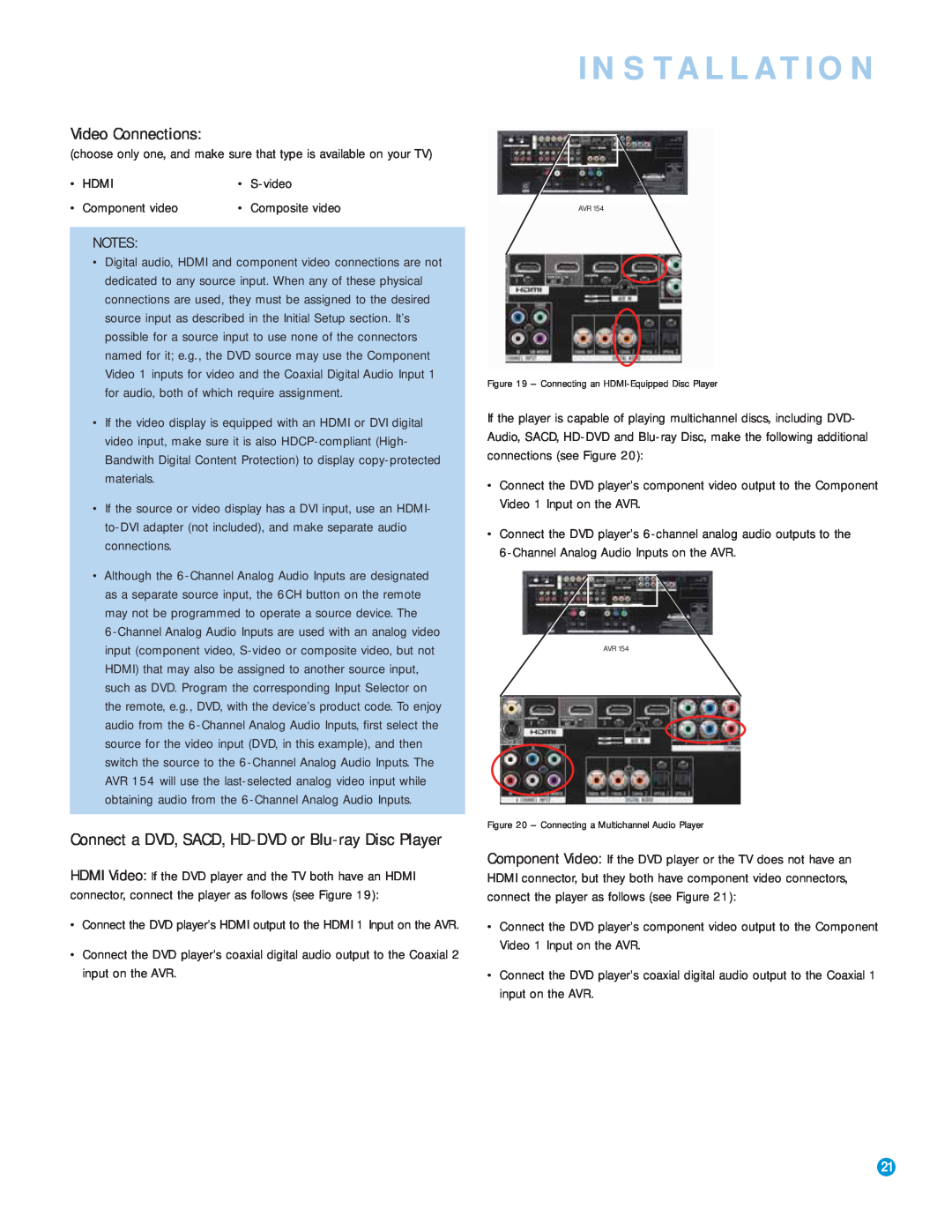 Harman-Kardon AVR 154 owner manual Installation, Video Connections, Hdmi 