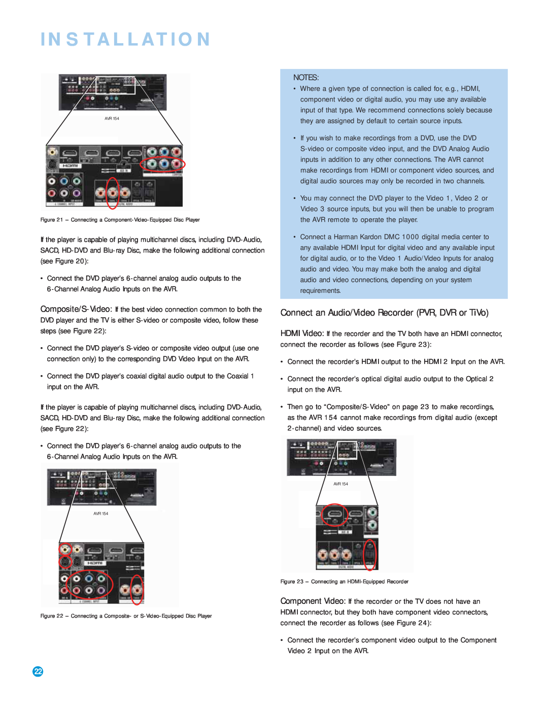 Harman-Kardon AVR 154 owner manual Connect an Audio/Video Recorder PVR, DVR or TiVo, Installation 