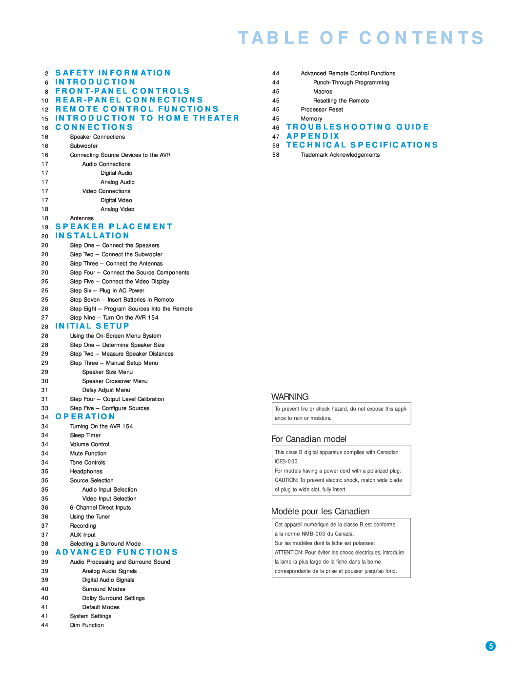 Harman-Kardon AVR 154 owner manual Table Of Contents, For Canadian model, Modèle pour les Canadien 