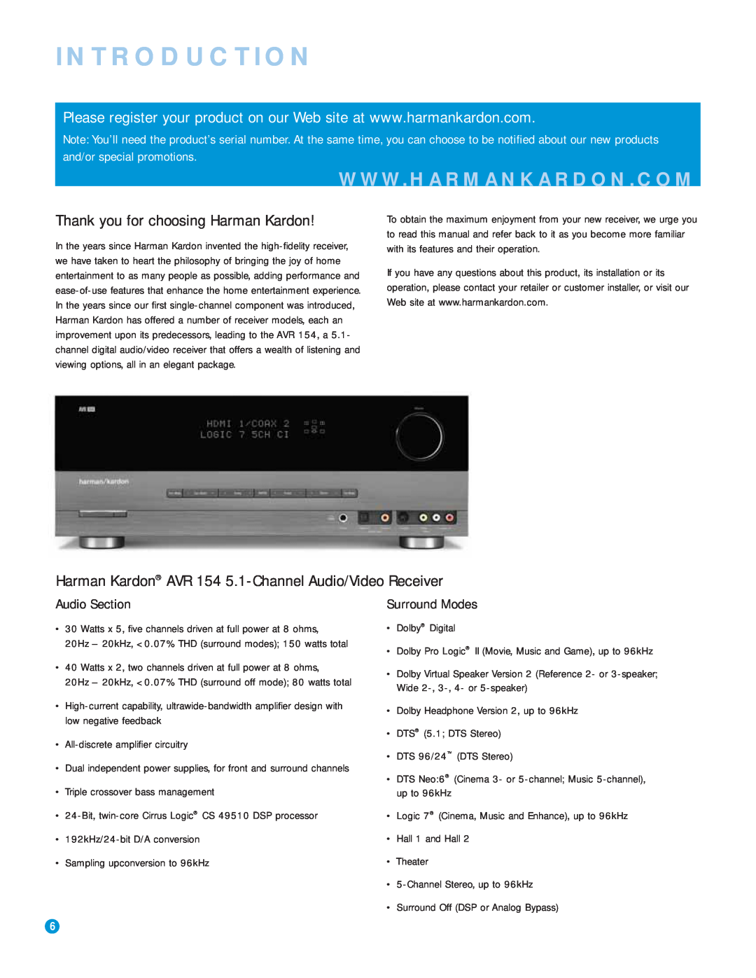 Harman-Kardon AVR 154 owner manual Introduction, Thank you for choosing Harman Kardon, Audio Section, Surround Modes 