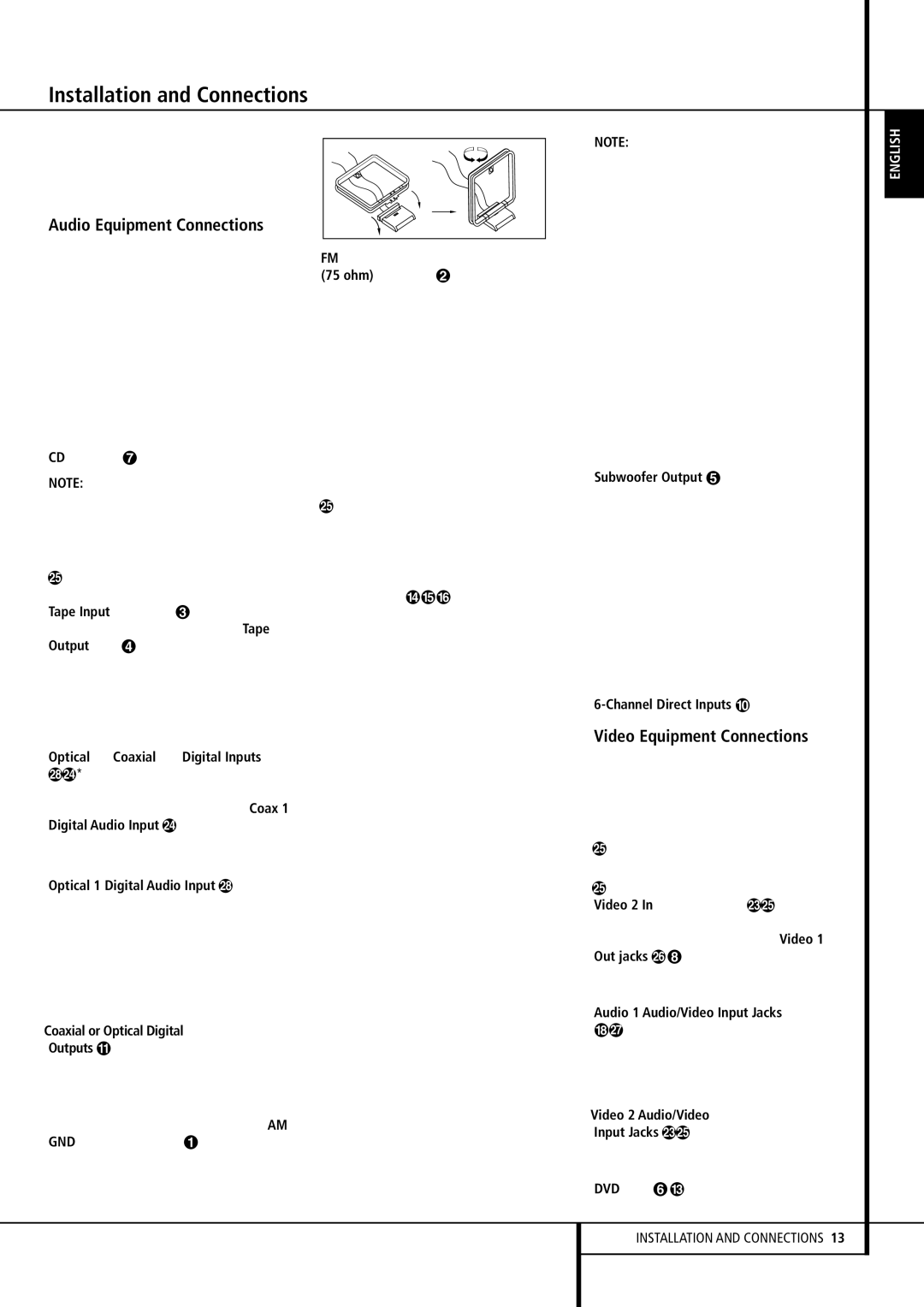 Harman-Kardon AVR 155 owner manual Installation and Connections, Audio Equipment Connections, Video Equipment Connections 