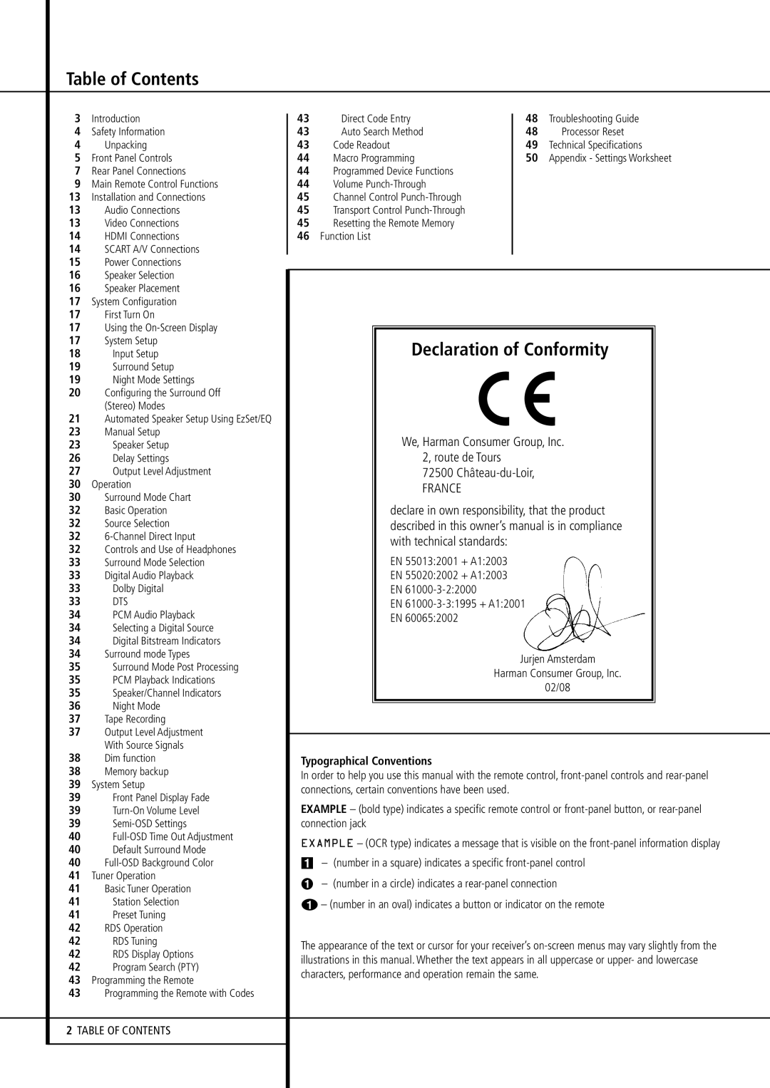 Harman-Kardon AVR 155 owner manual Table of Contents, Declaration of Conformity 