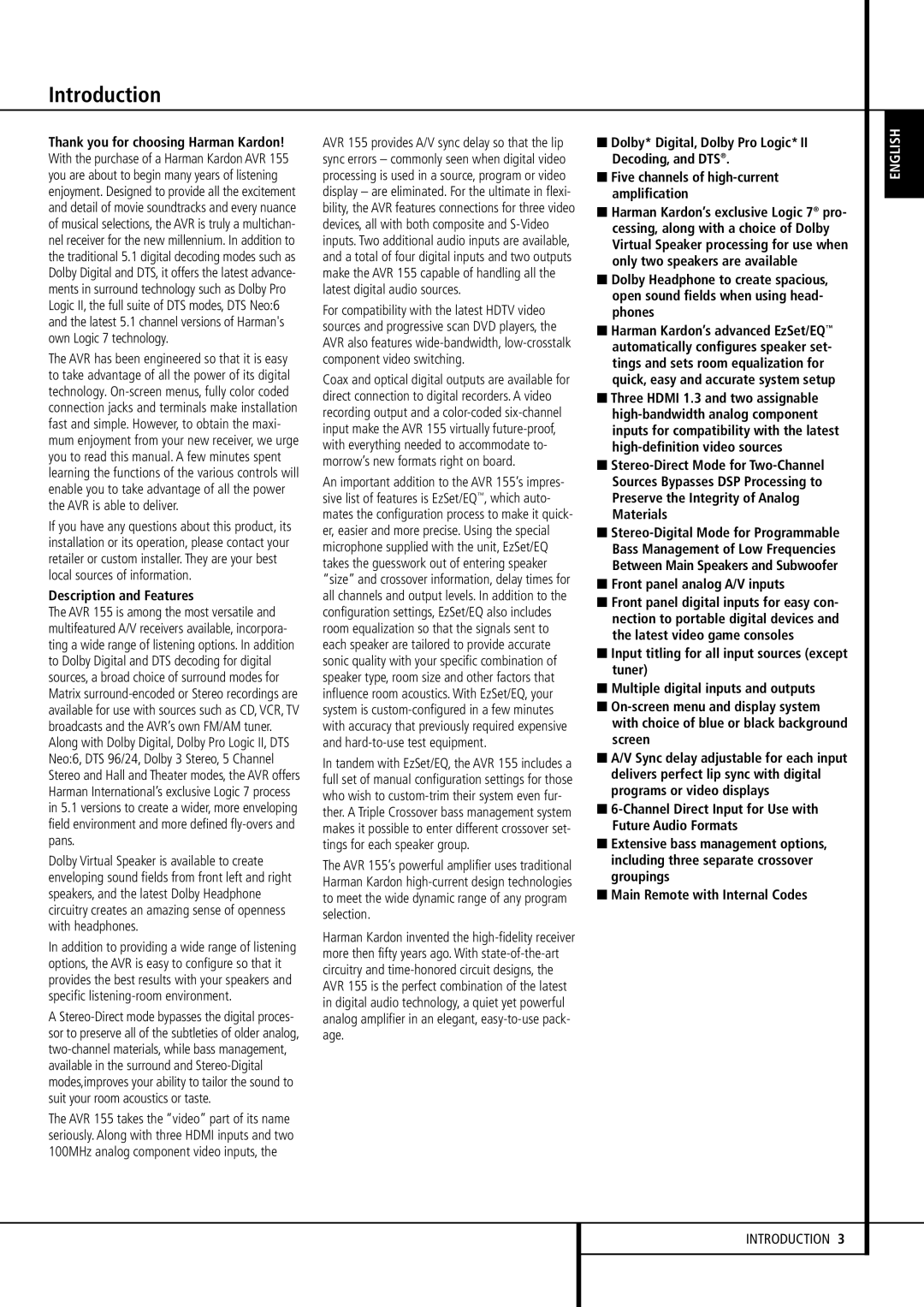 Harman-Kardon AVR 155 owner manual Introduction, Description and Features, Front panel analog A/V inputs 