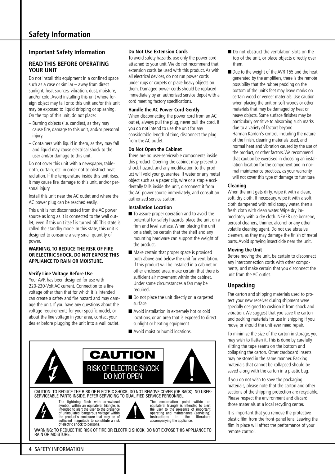 Harman-Kardon AVR 155 owner manual Important Safety Information, Unpacking 